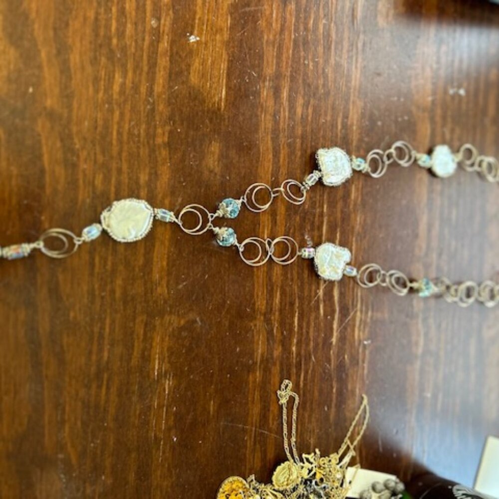 Long Mother of Pearl and Blue Bead silver necklace